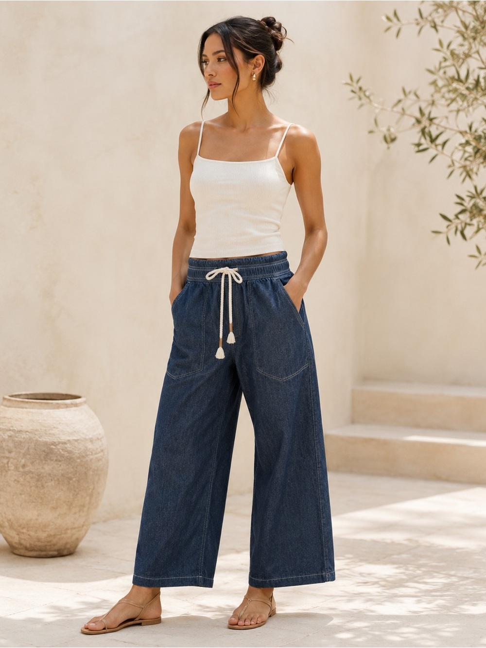 We The Free Dark Blue Wide Leg Denim Drawstring Pants